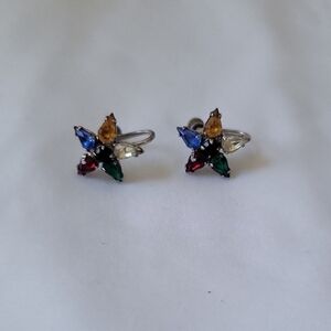 Vintage Rhinestone Order of Eastern Star Rainbow Five Pointed Star Earrings
